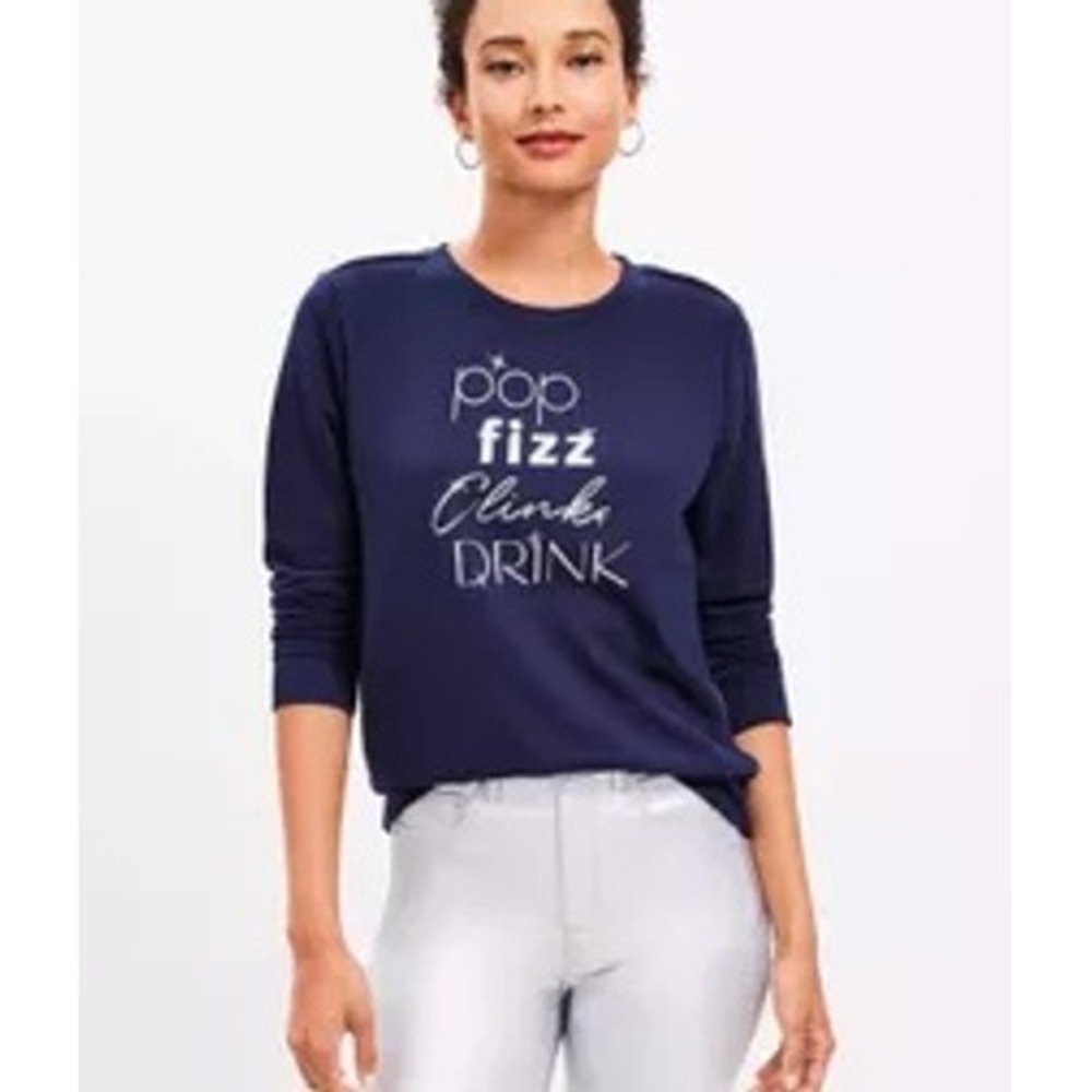 New LOFT Sweatshirt Large Navy Silver Glitter Graphic Pullover‎ Stretch Holiday